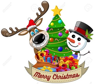 49602763-cartoon-grappige-rendieren-en-sneeuwpop-wensen-vrolijke-kerstmis-achter-versierde-kerstboom-geïsoleerd